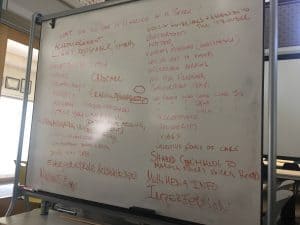 Photogrpah of a whiteboard with red text