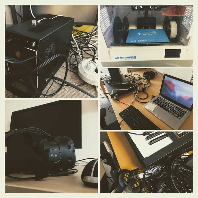 Collage of photos of researcher technologies: engulfed by cables, devices, and tools 