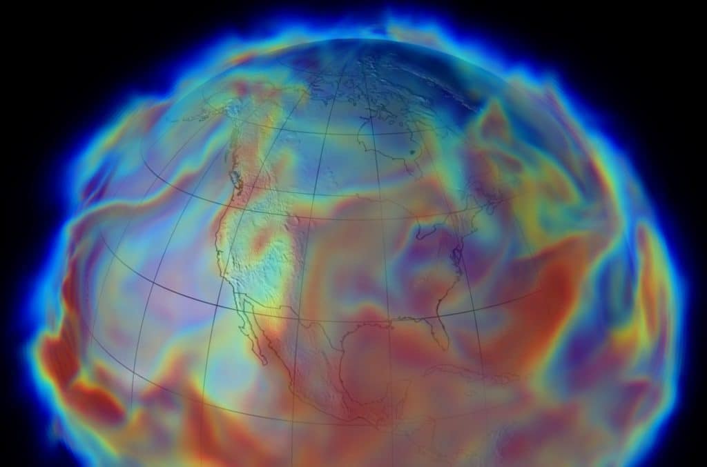 Simulated image of Earth centering on North America, with colorful red, green and blue wavy layers, simulating global humidity in June 1993