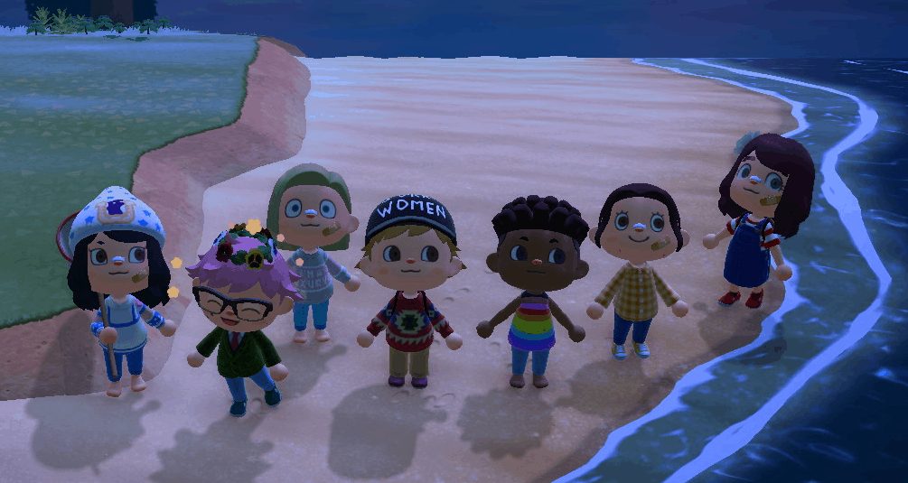 Animal Crossing avatars crowded on a virtual beach.