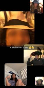 A screenshot of students video chatting wearing different hats; the text says "Y'all aint built like us."