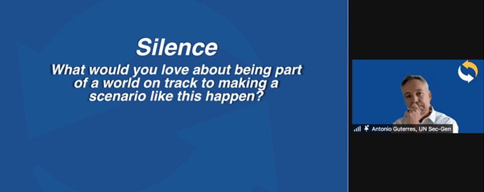 A Powerpoint slide on a Zoom call reads: Silence. What would you love about being part of a world on track to making a scenario like this happen?