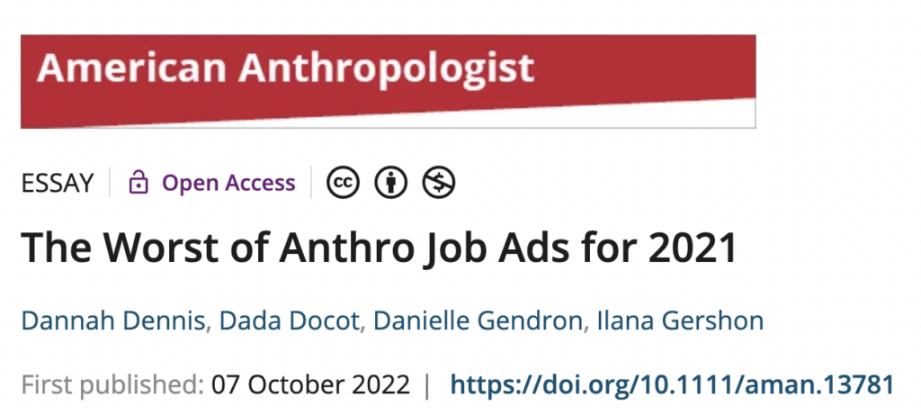 The Worst of Anthro Job Ads for 2021
Dannah Dennis, Dada Docot, Danielle Gendron, Ilana Gershon
First published: 07 October 2022 